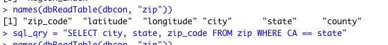 > names (dbReadTable(dbcon, zip)) [1] zip_code latitude longitude city state county > sql_gry - SELECT city, s