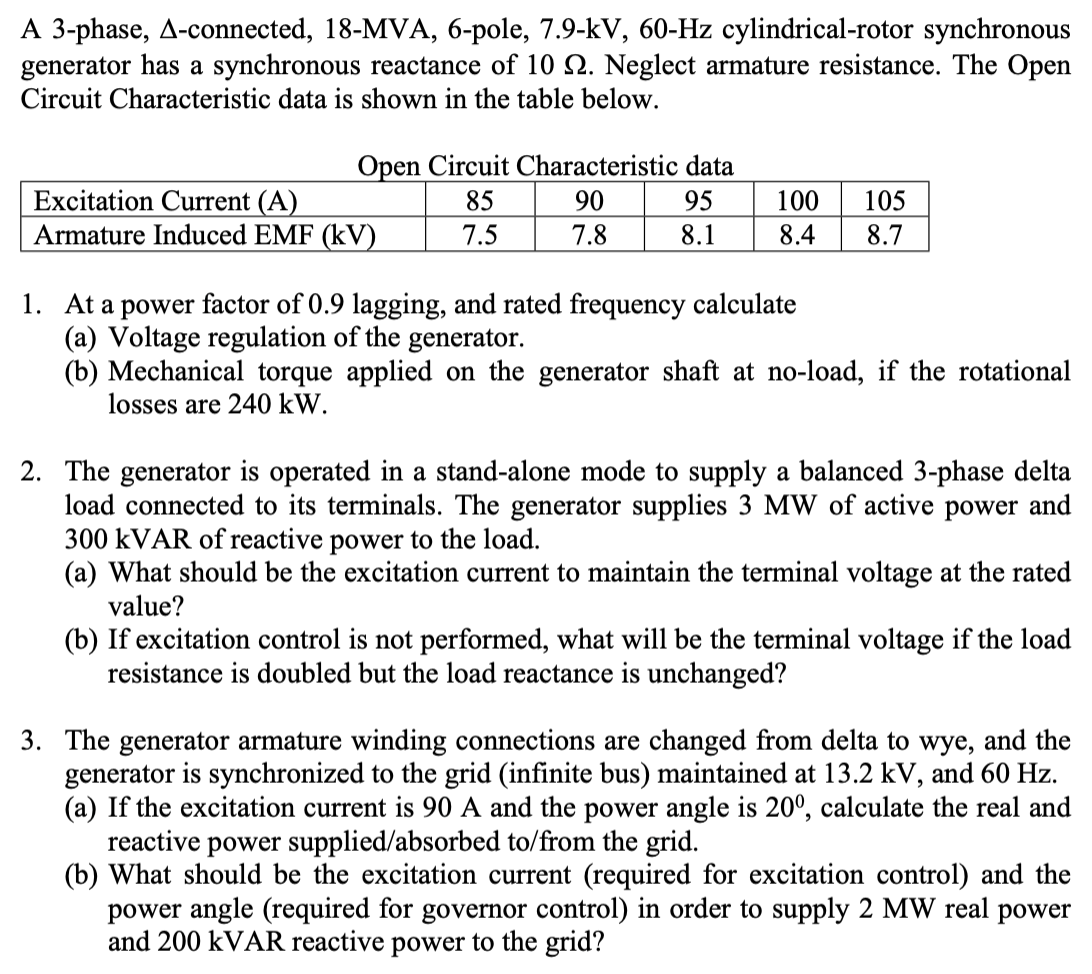 Solved A 3-phase, Δ-connected, 18-MVA, 6-pole, 7.9−kV,60−Hz | Chegg.com