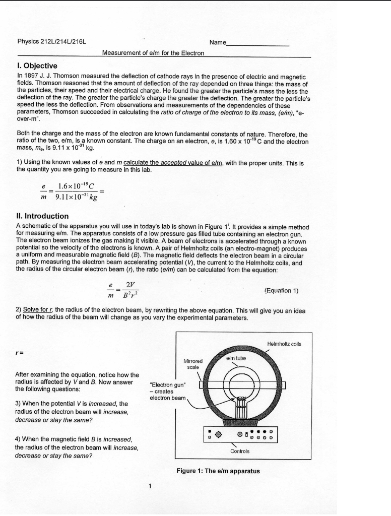 Solved Physics 212L/214L/216L Name Measurement of e/m for | Chegg.com