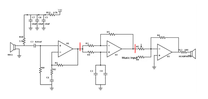 I am trying to design an active noise cancellation Circuit Diagram