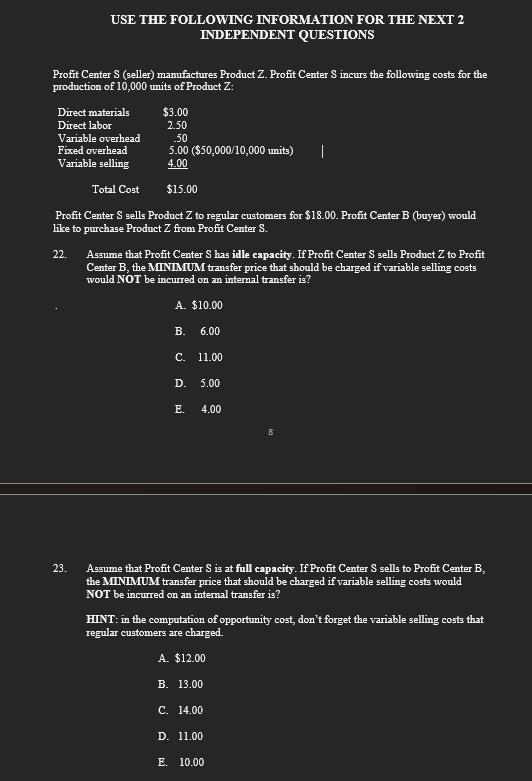 Solved USE THE FOLLOWING INFORMATION FOR THE NEXT 2 | Chegg.com