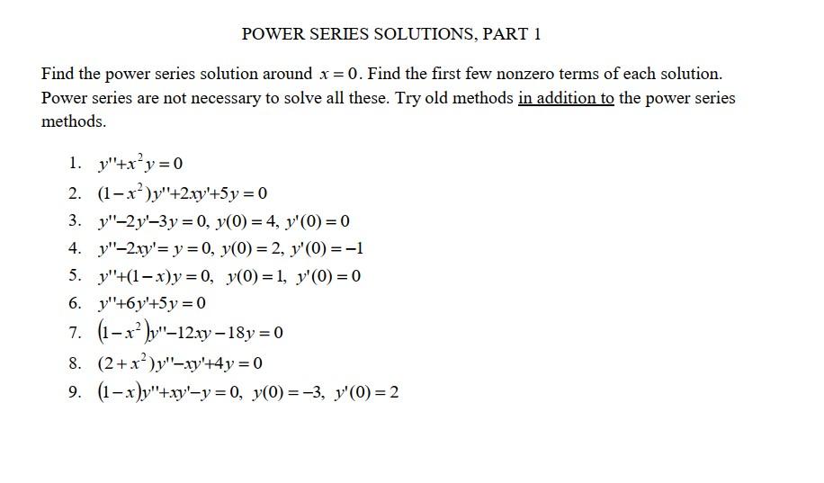Solved POWER SERIES SOLUTIONS, PART 1 Find the power series | Chegg.com