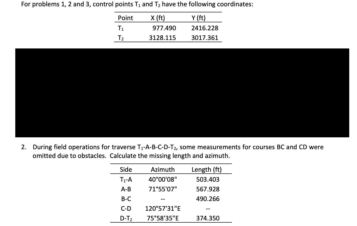 Solved During field operations for traverse T1−A−B−C−D−T2,