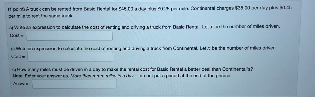 Solved (1 point) A truck can be rented from Basic Rental for | Chegg.com