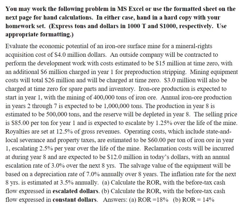 Solved You may work the following problem in MS Excel or use | Chegg.com