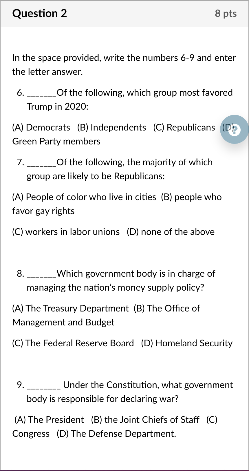 Solved Question 2 8 pts In the space provided, write the | Chegg.com