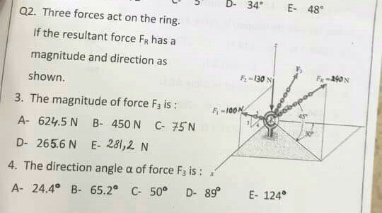 Solved D34 E 48 Q2. Three forces act on the ring. If the | Chegg.com