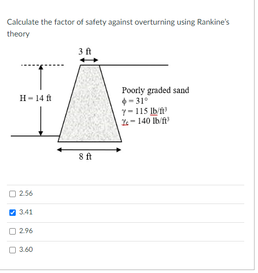 Solved Calculate the factor of safety against overturning