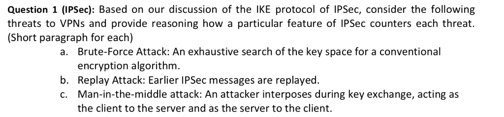 Question 1 (IPSec): Based on our discussion of the | Chegg.com