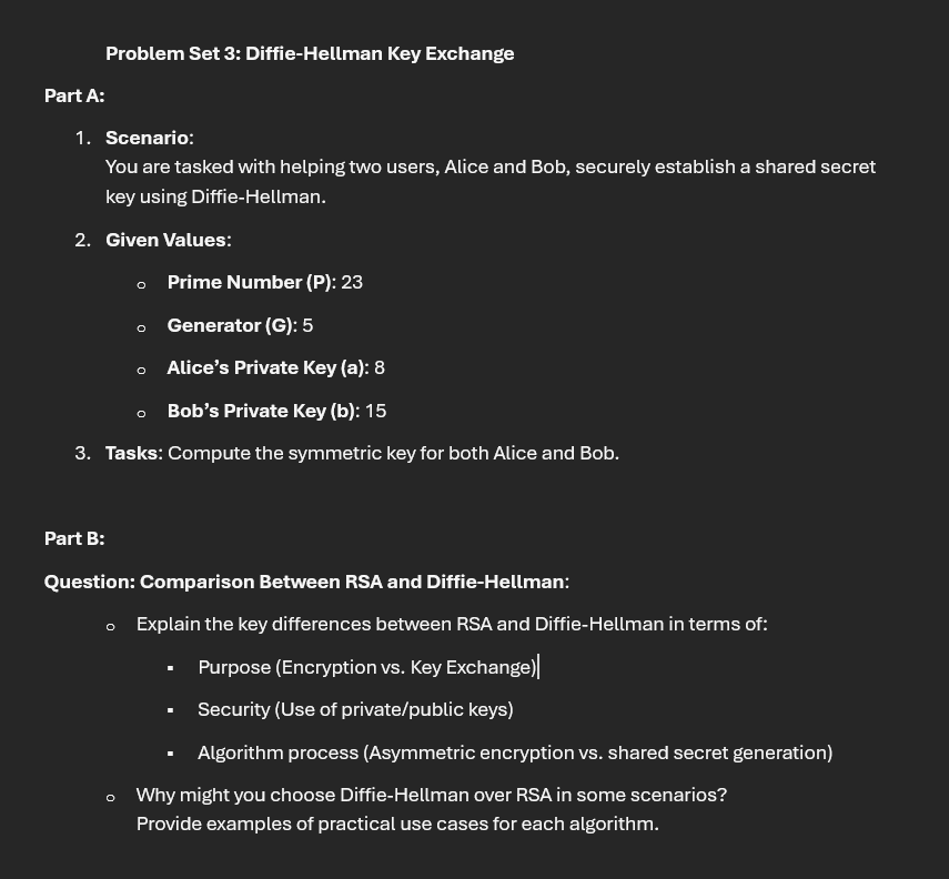Solved Problem Set 3: Diffie-Hellman Key ExchangePart A:1. | Chegg.com