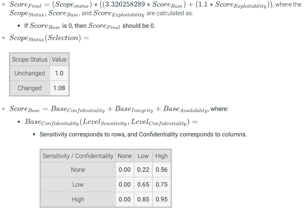 • Score Final = (Scopestatus) * ((3.326258289 * ScoreBase) + (1.1 * Score Exploitability)), where the Scope Status , Score Ba