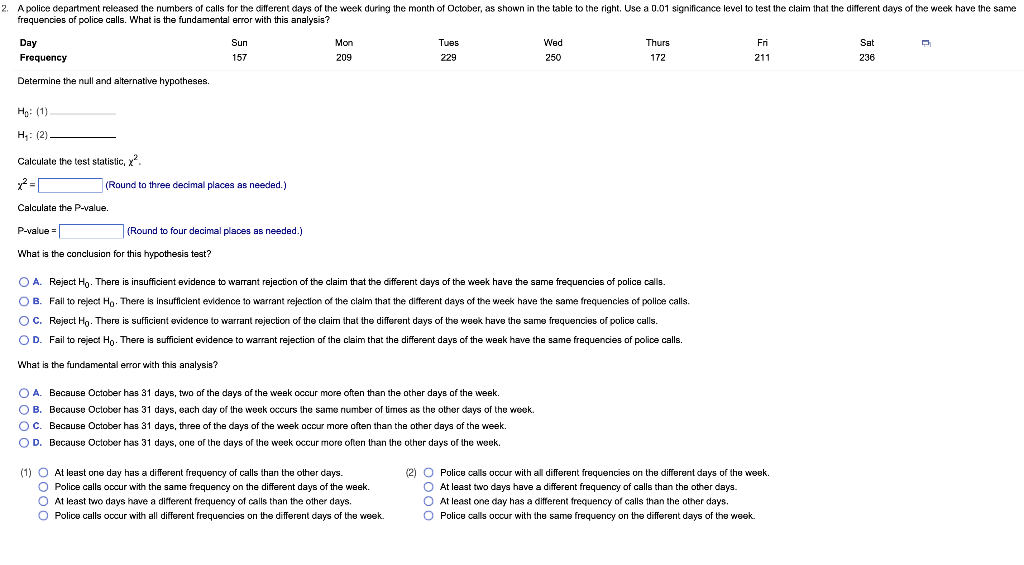 Solved 2. A police department released the numbers of calls | Chegg.com