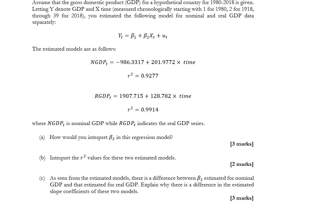 Solved Assume That The Gross Domestic Product (GDP) For A | Chegg.com