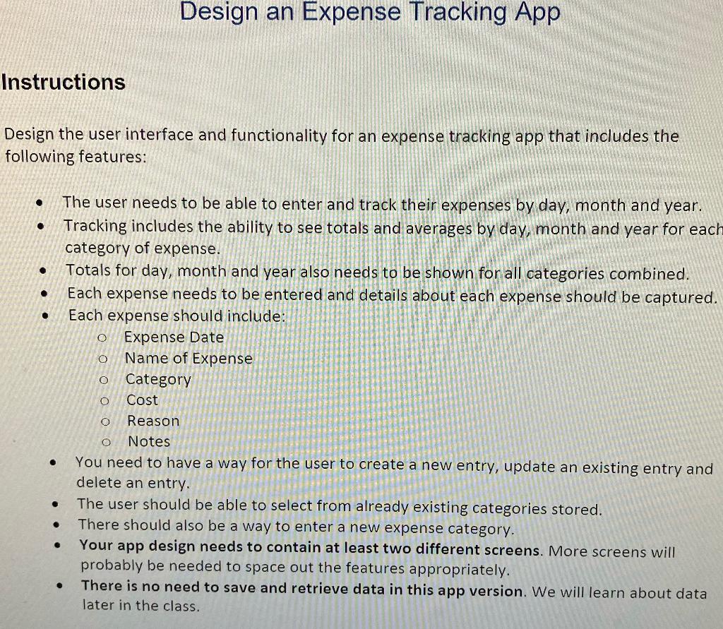 Design an Expense Tracking App istructions esign the | Chegg.com