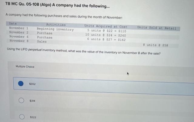 Solved TB MC Qu 05 100 Algo A Company s Inventory Records Chegg