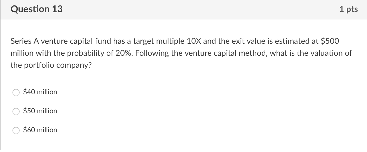 Solved Question 13 1 pts Series A venture capital fund has a | Chegg.com