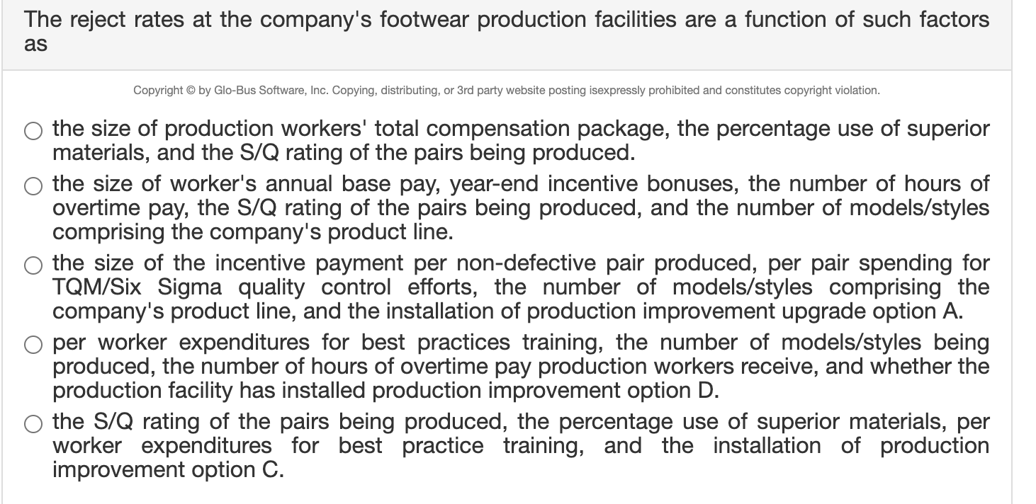 Solved The reject rates at the company's footwear production