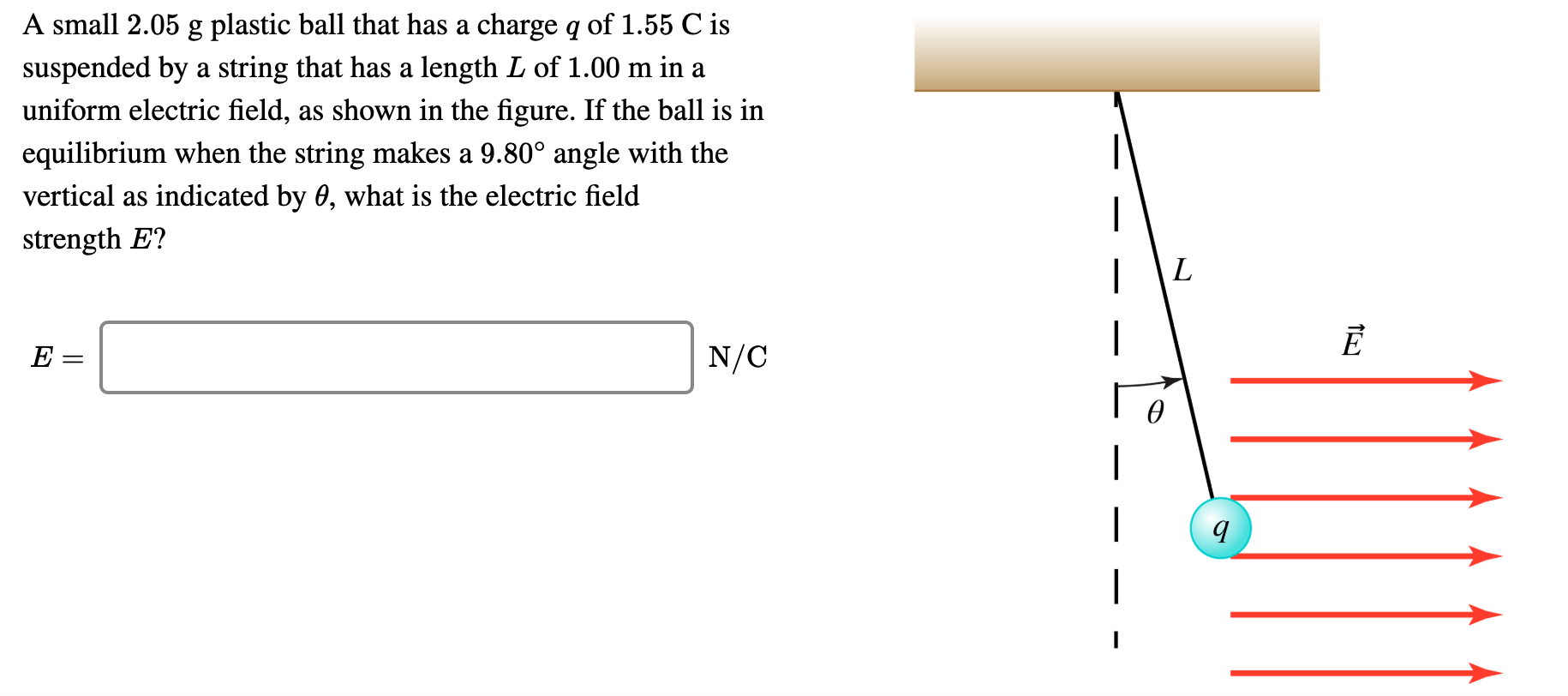 Solved A Small 2 05 G Plastic Ball That Has A Charge Q Of Chegg Com