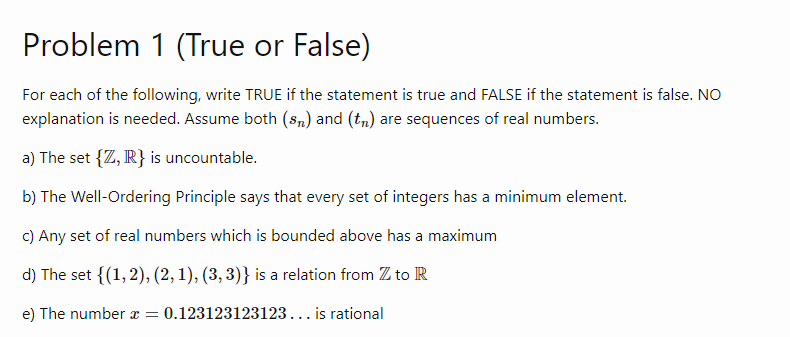 True False Statement Math Solved Problem 1 (True or False)For each of the following, | Chegg.com