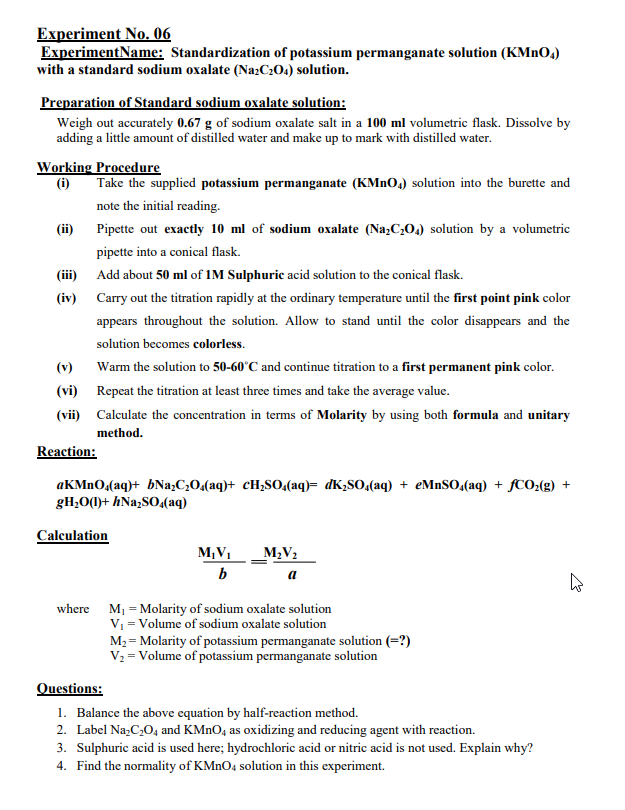Solved Experiment No. 06 ExperimentName Standardization of