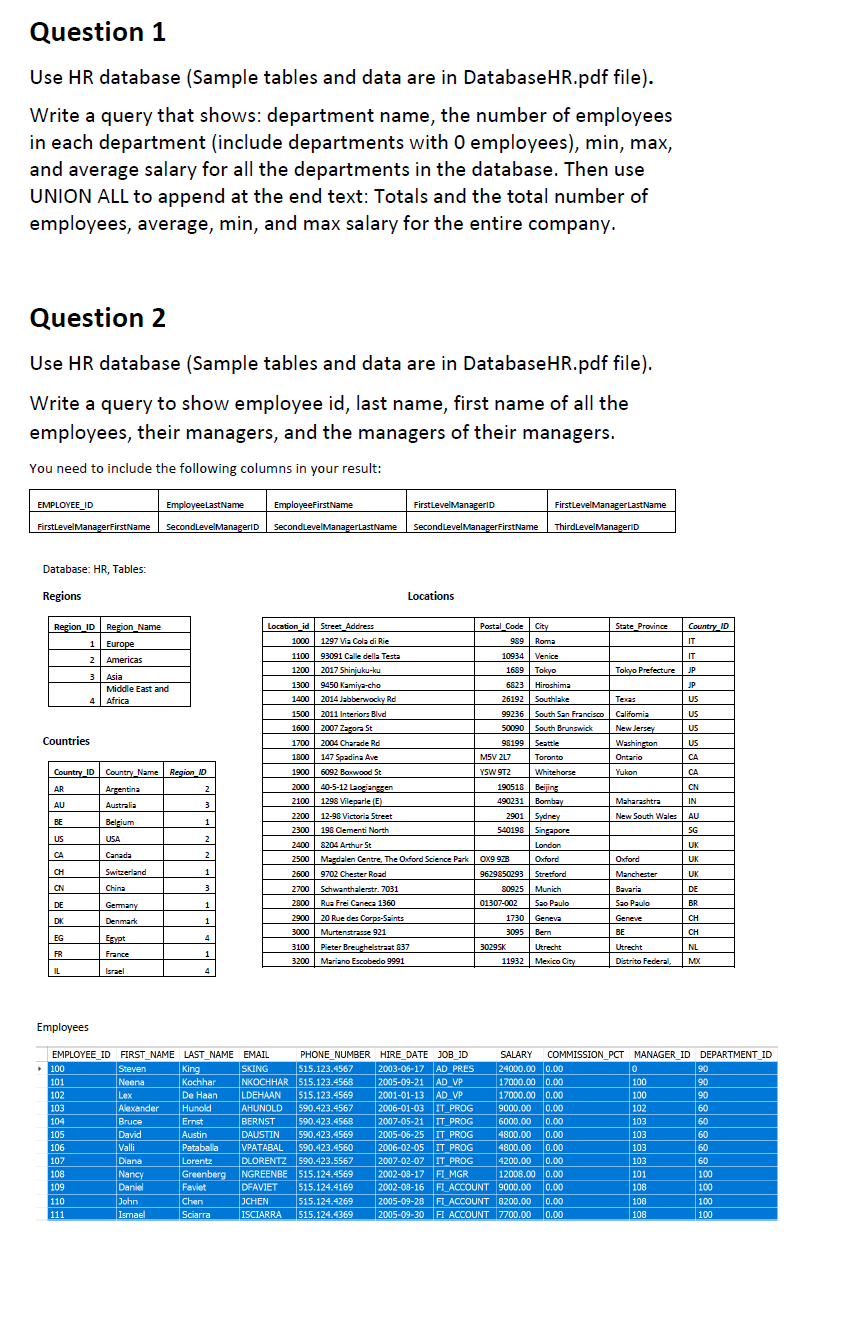 Solved Question 1 Use HR database (Sample tables and data | Chegg.com