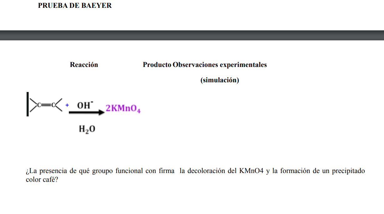 ¿La presencia de qué groupo funcional con firma la decoloración del KMnO4 y la formación de un precipitado color café?