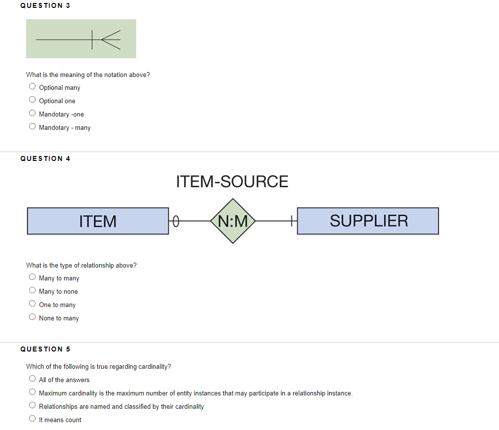 QUESTION 3
What is the meaning of the notation above?
Optional many
Optional one
Mandotary -one
Mandotary - many
QUESTION 4
W