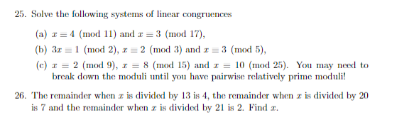 Solved 25. Solve The Following Systems Of Linear Congruences | Chegg.com