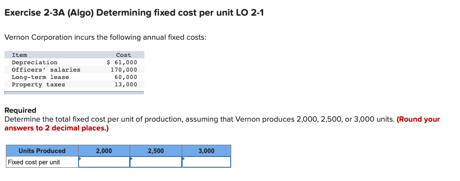 Solved Exercise 2-3A (Algo) Determining fixed cost per unit | Chegg.com