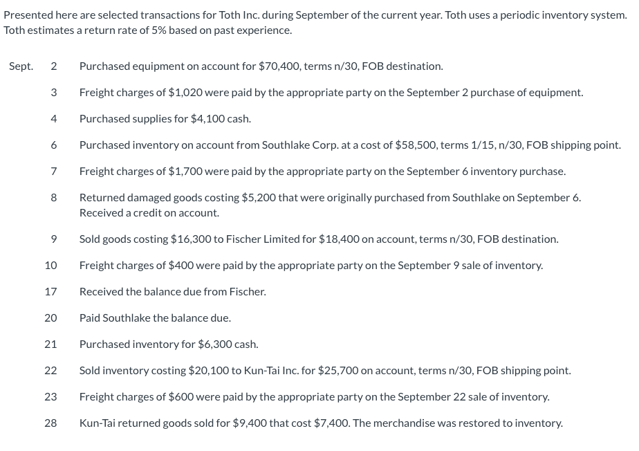 Solved Presented here are selected transactions for Toth | Chegg.com