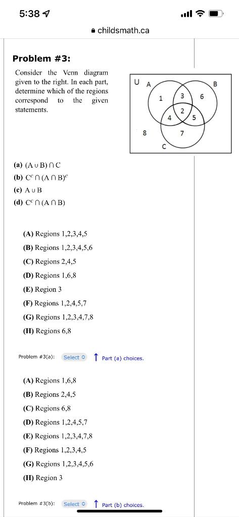 Solved 5:38 7 childsmath.ca Problem #3: Consider the Venn | Chegg.com