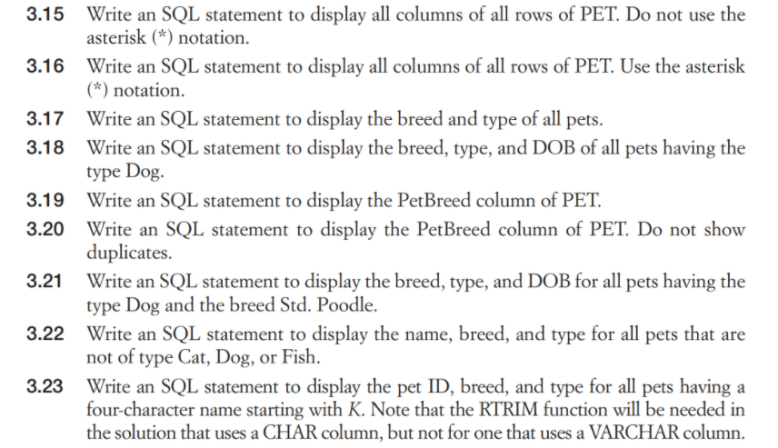 Solved 3.15 3.16 Write an SQL statement to display all | Chegg.com