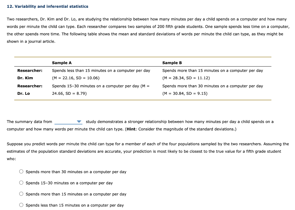 Solved 12. Variability And Inferential Statistics Two | Chegg.com