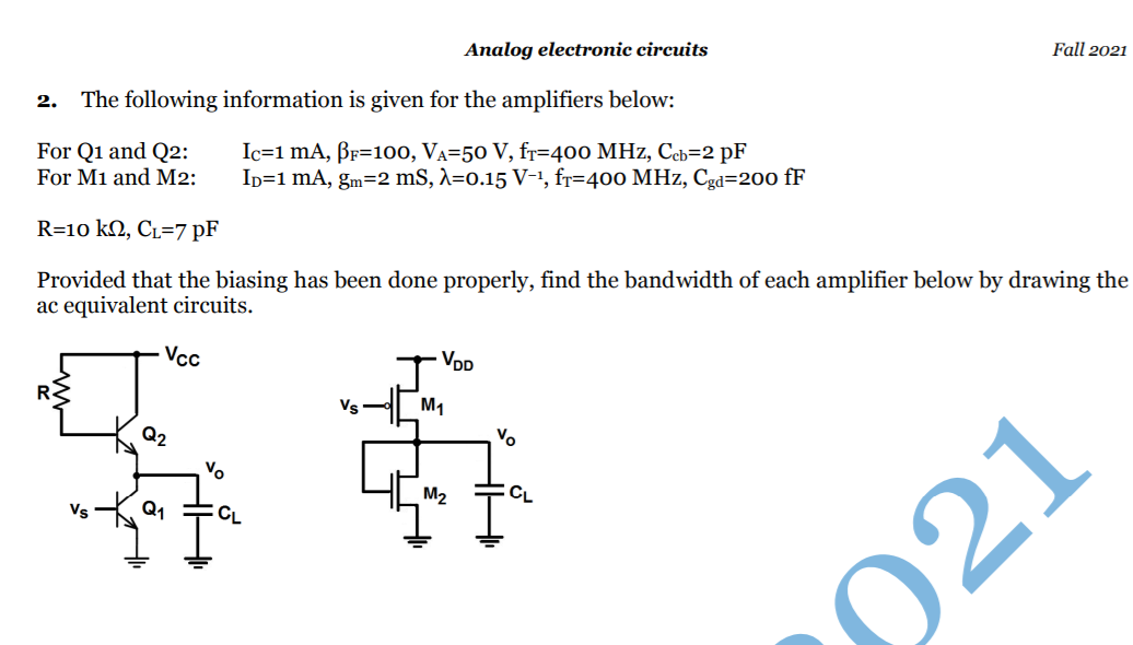 Solved Analog Electronic Circuits Fall 2021 2. The Following | Chegg.com