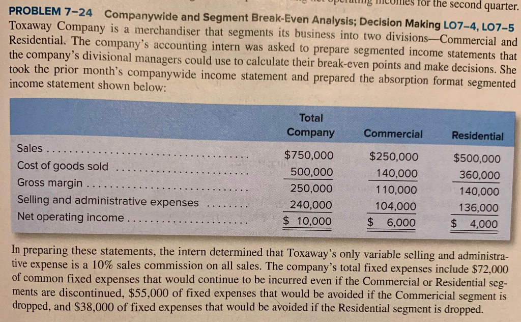 porumb c3 i01 le second quarter. problem 7-24 companywide and segment break-even analysis; decision making lo7-4. l07-5 toxaw