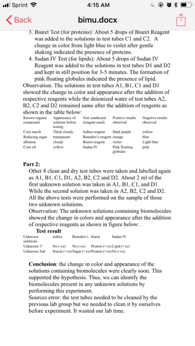 Solved Sprint? 4:14 AM Bimu.docx Biology 1406 Lab Report 1: | Chegg.com