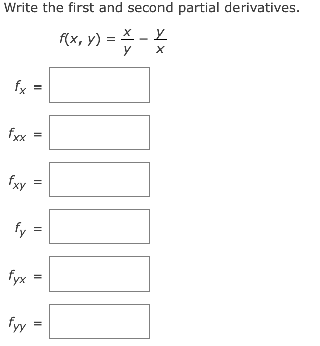 Solved Write the first and second partial derivatives. f(x, | Chegg.com