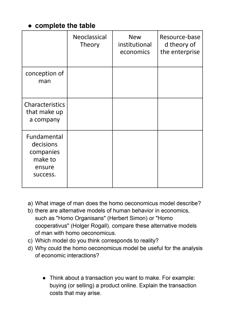 Solved a) What image of man does the homo oeconomicus model | Chegg.com