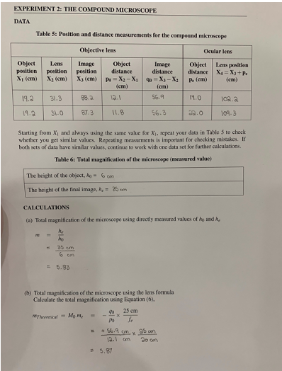 Solved EXPERIMENT 2: THE COMPOUND MICROSCOPE DATA Table 5: | Chegg.com