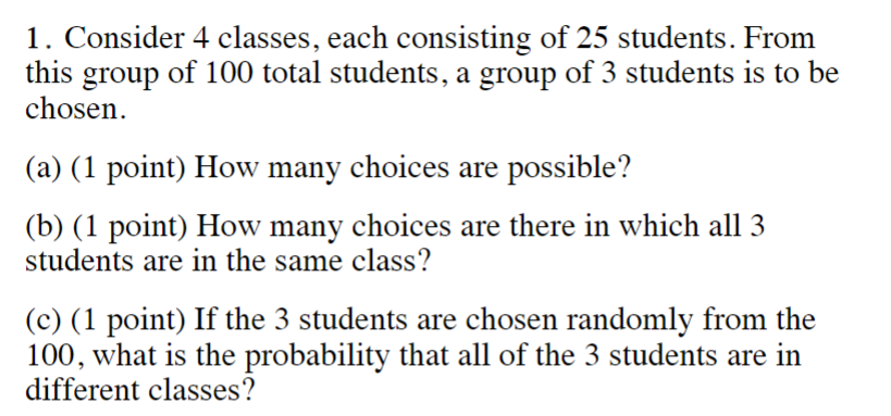 Solved 1. Consider 4 Classes, Each Consisting Of 25 | Chegg.com