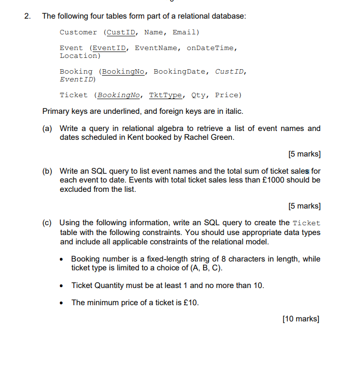 Solved 2. The following four tables form part of a | Chegg.com