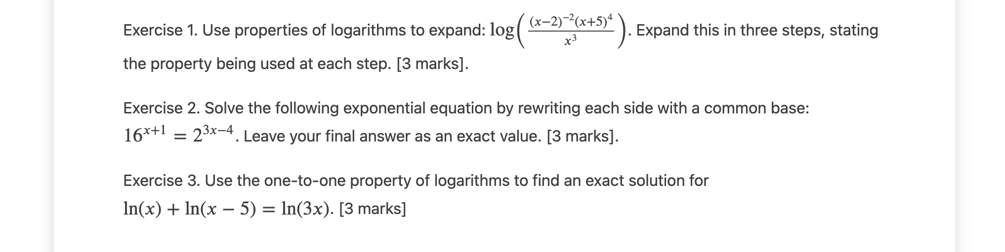 Solved Exercise 1. Use Properties Of Logarithms To Expand: | Chegg.com