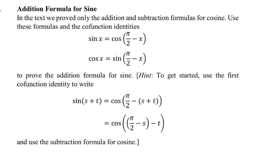 Solved Addition Formula for Sine In the text we proved only | Chegg.com