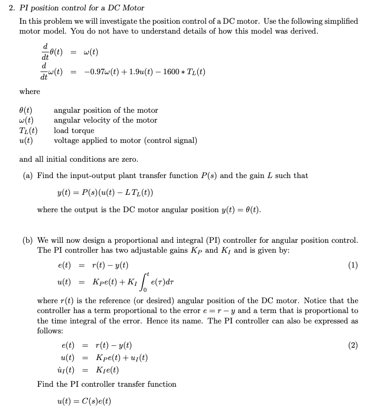 Solved 2. Pi Position Control For A Dc Motor In This Problem 