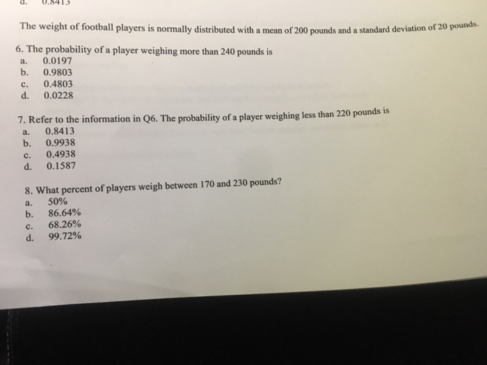 Solved d. 0.8413 The weight of football players is normally