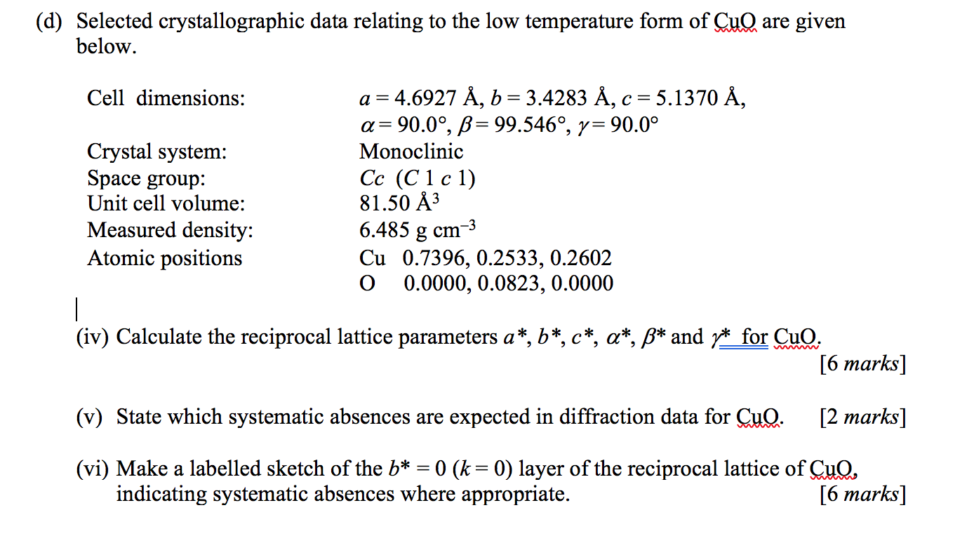 Solved D Selected Crystallographic Data Relating To The Chegg Com