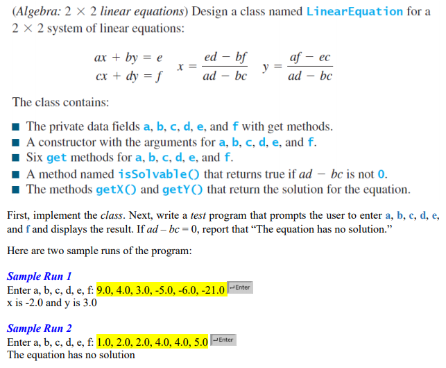 Solved (Algebra: 2 x 2 linear equations) Design a class | Chegg.com