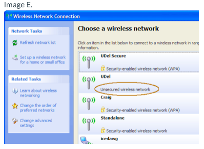 Image E. Wireless Network Connection Network Tasks Choose a wireless network Refresh network list Click an item in the list b