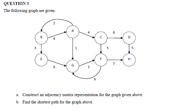 QUESTION 3 The following graph are given: 7 G a. Construct an adjacency matrix representation for the graph given above. b. F