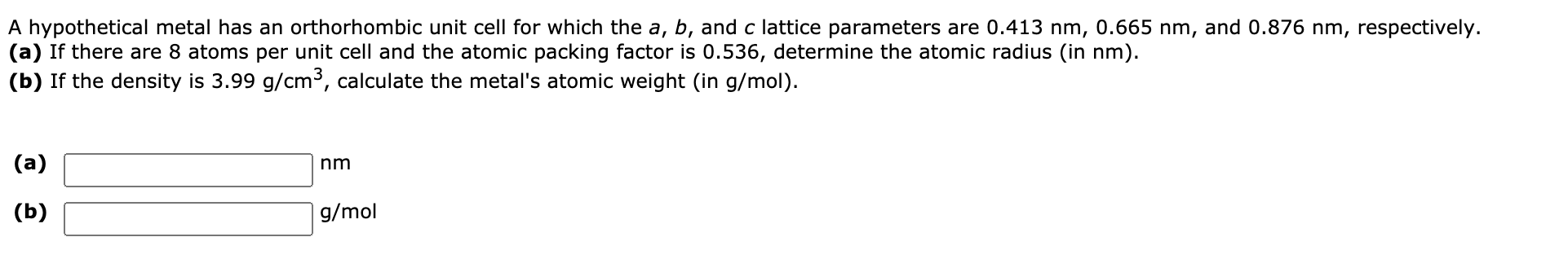 Solved A hypothetical metal has an orthorhombic unit cell | Chegg.com
